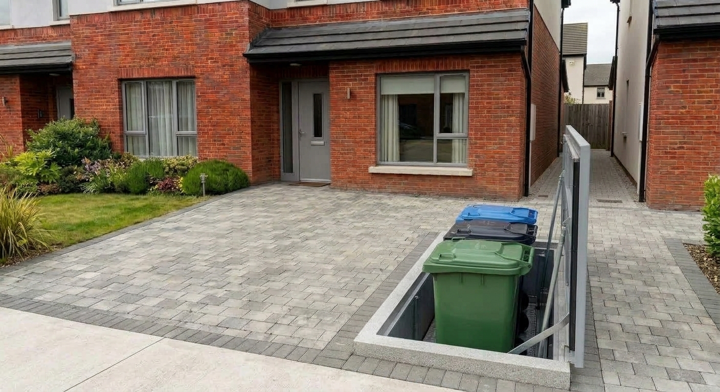 A compact underground chamber open in the frontage of an Irish home, with three ordinary wheelie bins standing below ground level.
