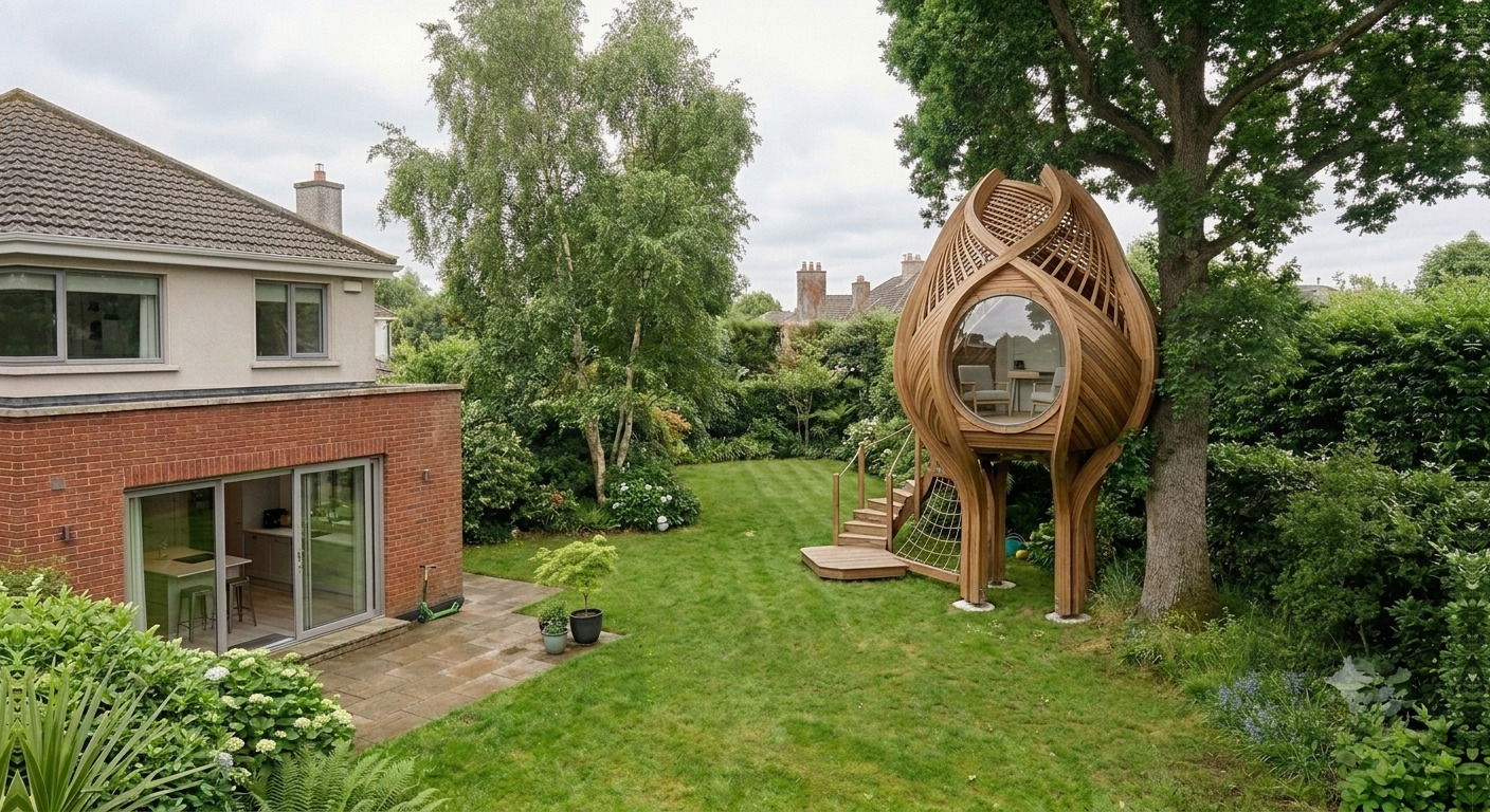 A freestanding elevated timber pod in an ordinary garden.