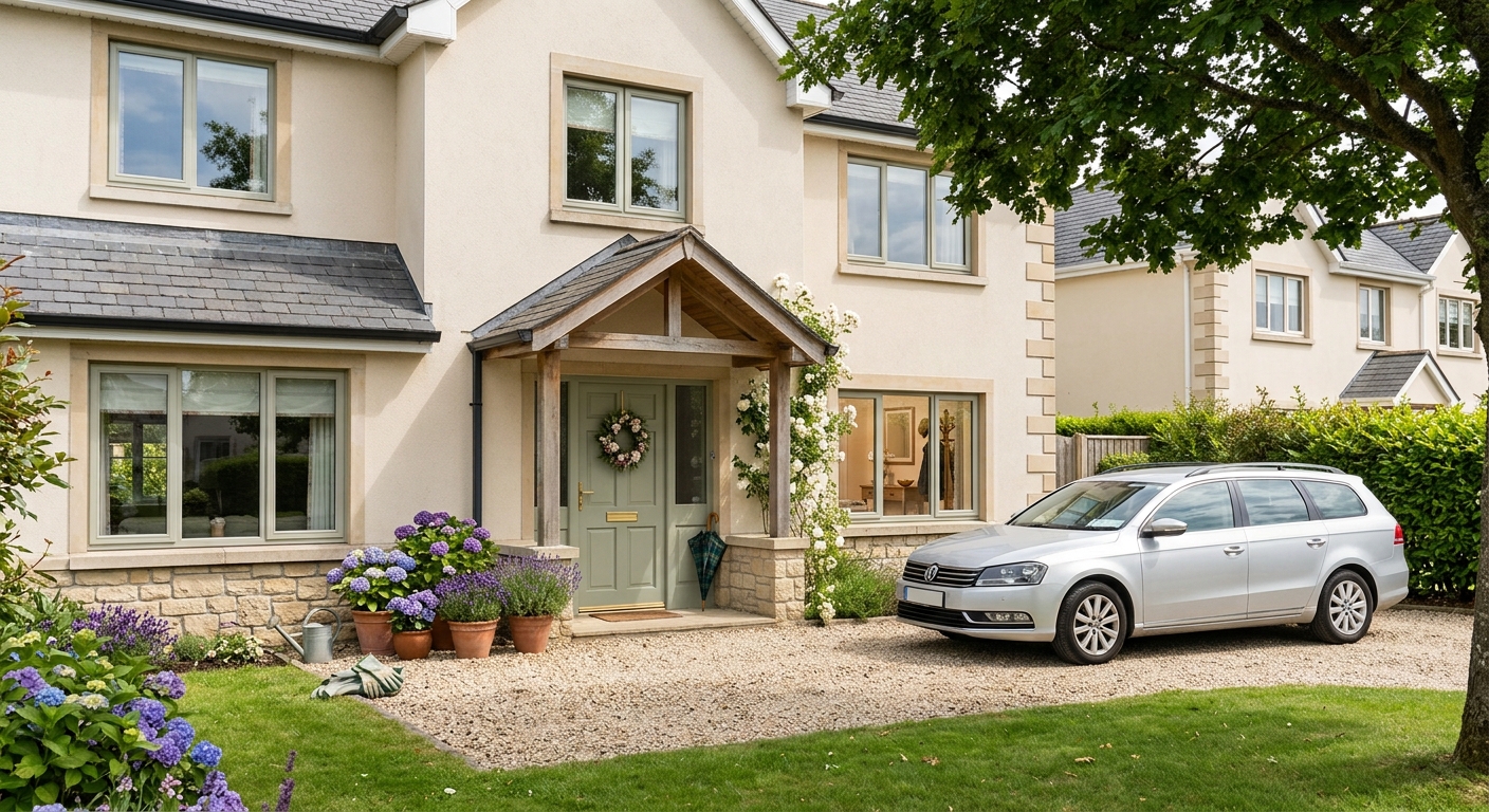 An Irish house on a summer afternoon with a timber porch over the front door and a car in the gravel driveway.