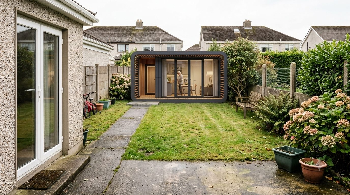 An ordinary Irish back garden behind a suburban house, with a small single-storey home standing at the far end, its door open.