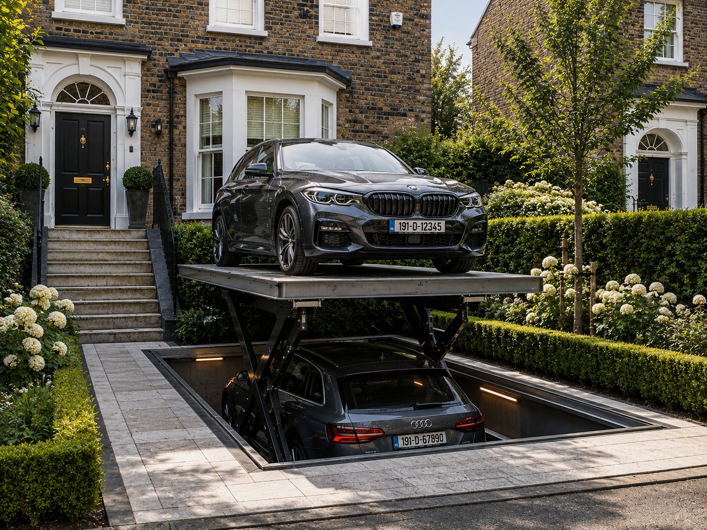 A car raised on a platform lift above an open chamber in the driveway of an Irish period house, a second car parked in the lit space below.