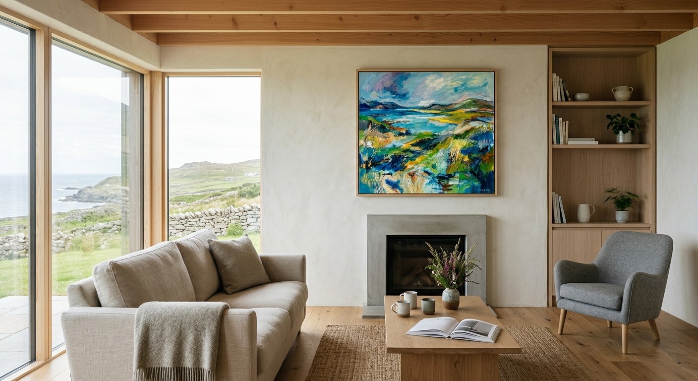 A calm Irish living room with a timber ceiling and a wide sea view, and one large original painting hanging above the fireplace.
