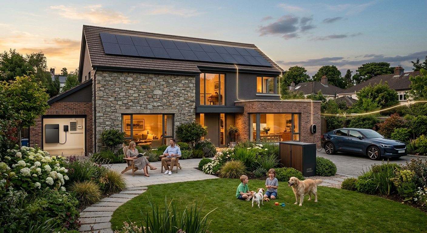 An Irish family outside their home at dusk, with solar panels on the roof and a car charging in the driveway.