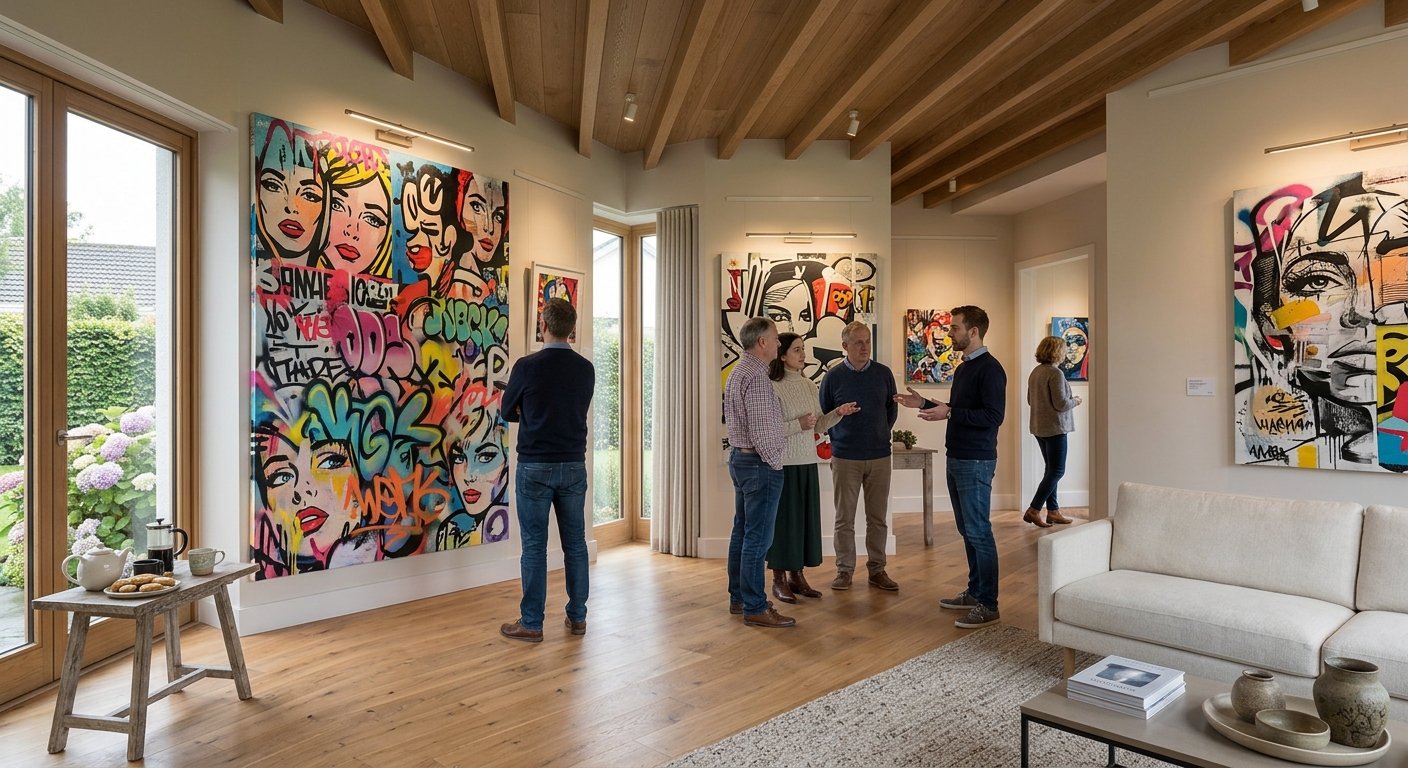 A generous Irish living room hung with large, bold contemporary canvases, with visitors talking and looking at the work.