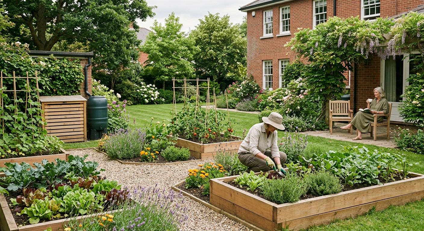 An Irish back garden with raised vegetable beds along one side and a grower tending them.