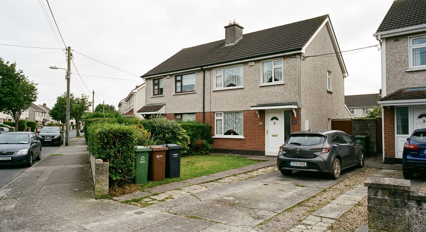 An ordinary Irish semi-detached house seen from the road: pebbledash above, red brick below, three wheelie bins at the hedge, a car on a concrete-strip driveway and the street running away to the left.